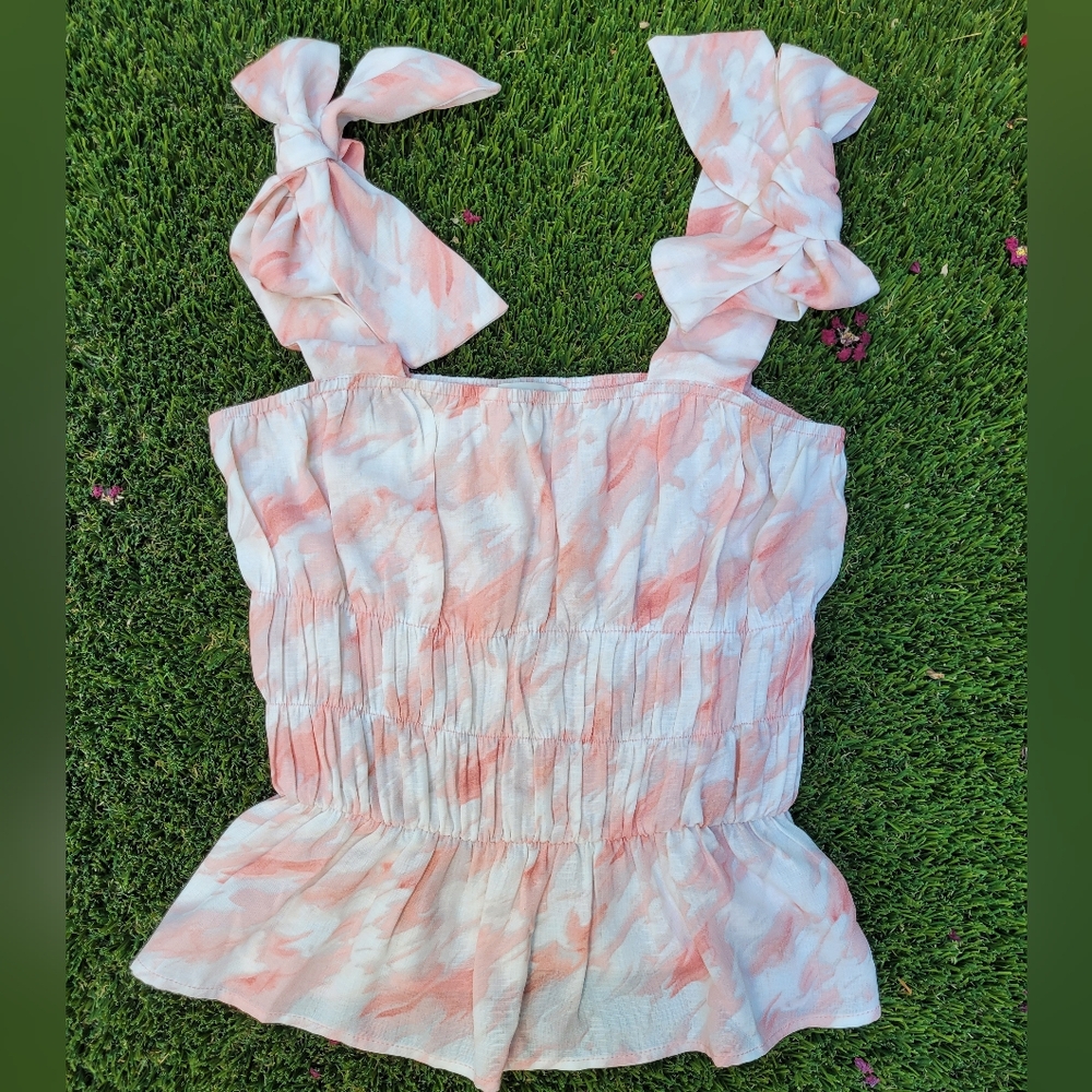 Paper Crane White and Pink Smocked Peplum Tank Top